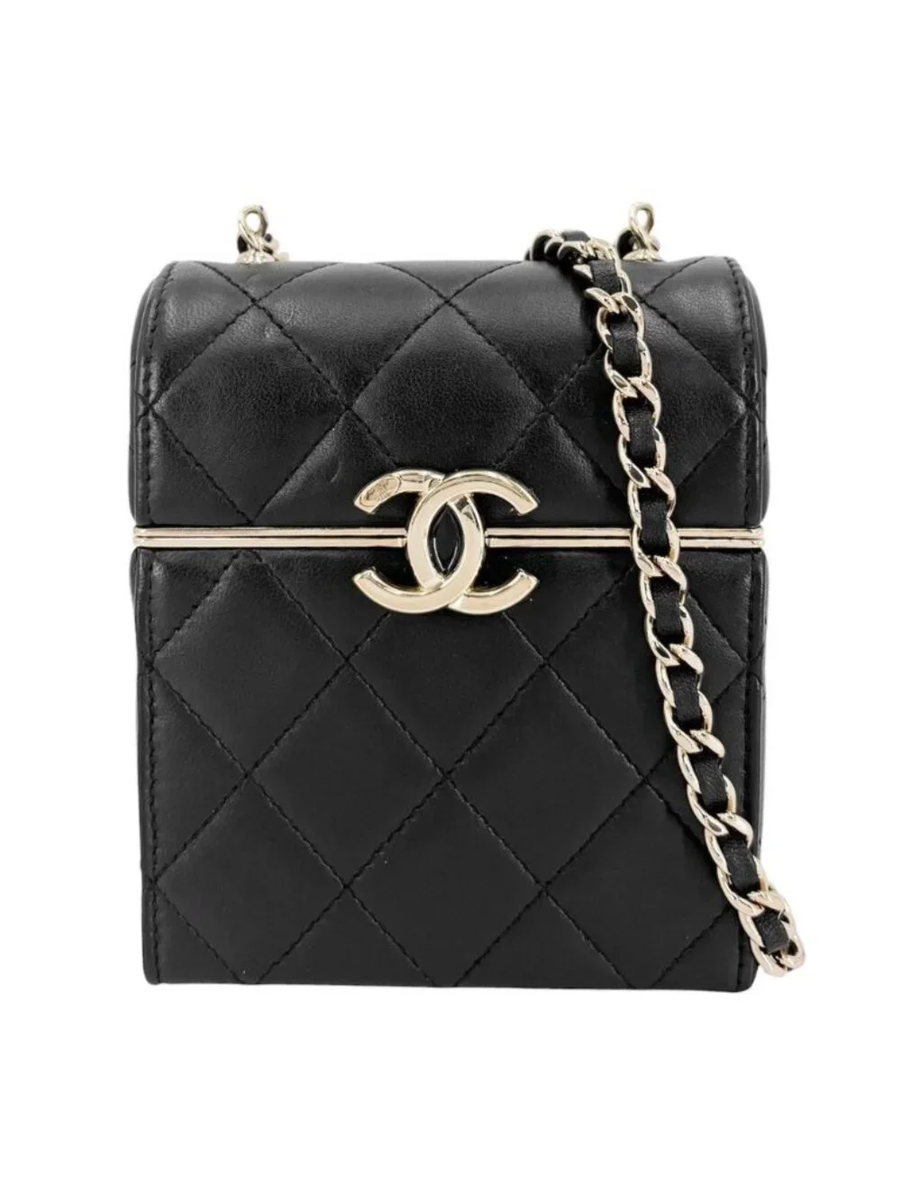 Chanel Shoulder Bag Quilted CC Logo Lambskin Black Gold Vintage